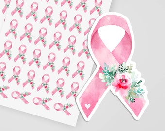 Pink Ribbon Breast Cancer Stickers, Watercolor Floral Seals, Breast Cancer Awareness Labels, Oncology Sticker Sheet, In October We Wear Pink