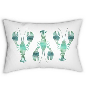 Lobster Pillow, Crustaceancore Coastal Pillow, Teal Blue Beach Home Decor, Tropical Watercolor Lobster Pattern Pillow, Nautical Rectangular