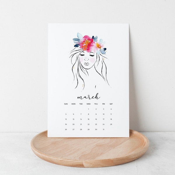 2024 Floral Desk Calendar, Watercolor Botanical Line Drawing Cards 5x7, Minimalist Flower Girl Monthly Calendar, Beauty Salon Feminine Gift