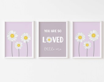 Daisy Nursery Print Set of 3, You Are So Loved Modern Daisy Decor, Pastel Purple Flower Wall Art, Boho Daisy Scandi Kids Room PRINTABLE