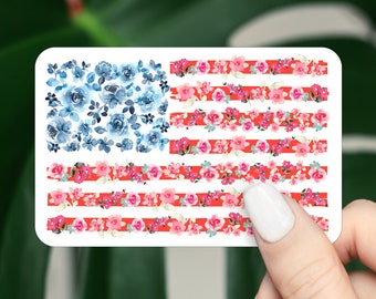 American Flag Sticker, Watercolor Floral USA Decal, Patriotic Girly Vinyl Sticker, 4th of July Favors, Water Bottle Laptop