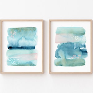Blue Abstract Art Print Set, Minimalist Modern Landscape Wall Art, Navy Blush Watercolor Beach House Decor, Coastal Brushstroke Painting