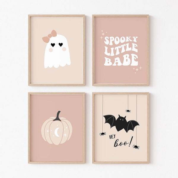 Boho Halloween Nursery Wall Art PRINTABLE, Cute Girls Room Halloween Print Set, Neutral Fall Pumpkin Kids Decor, Digital Hey Boo Spooky Bat