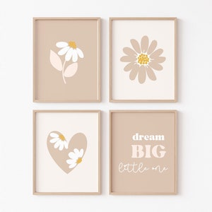 Neutral Daisy Nursery Wall Art, Dream Big Little One Modern Daisy Decor, Pastel Floral Print Set of 4, Pink Boho Scandi Kids Room PRINTABLE