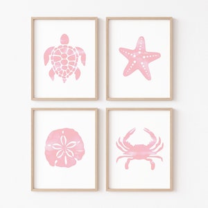 Pink Coastal Nursery PRINTABLE, Blush Watercolor Sea Turtle Wall Art, Crab Starfish Sand Dollar Girls Decor, Digital Minimalist Beach Set