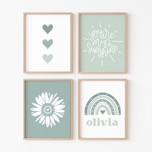 Sage Daisy Nursery Set of 4 PRINTABLE, Green Personalized Kids Room, Girl Custom Name Retro Floral Decor, Neutral Scandi Sunshine Wall Art