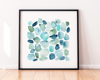 Modern Sea Glass Art Print, Turquoise Coastal Wall Art, Blue Green Beach House Decor, Ocean Abstract Stones Painting, Watercolor Seaside Art