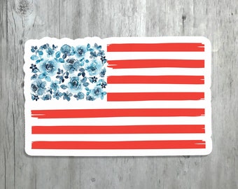 USA Flag Sticker, Vibrant 4th of July Vinyl Decal, Watercolor Floral American Flag Art Gift, Patriotic Girly Laptop Water Bottle Sticker