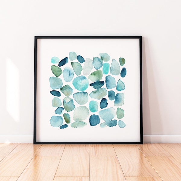 Modern Sea Glass Art Print, Turquoise Coastal Wall Art, Blue Green Beach House Decor, Ocean Abstract Stones Painting, Watercolor Seaside Art