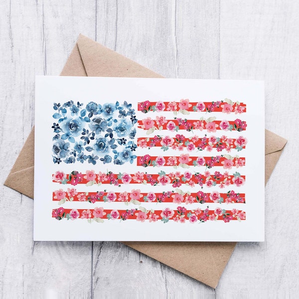 USA Flag Greeting Card Pack, Set of Blank American Flag 5x7 Note Cards, Watercolor Floral United States, Congrats New Citizen Patriotic Gift