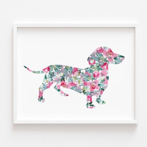 Floral Dachshund Art Print, Pink Mint Watercolor Doxie Silhouette, Pastel Flower Pattern Pet Wall Art, Mini Dachshund Mom, Dog Lover Gift