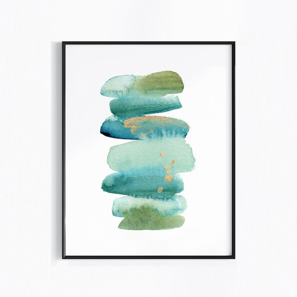 Watercolor Stones Abstract Art Print, Teal Ocean Pebbles Wall Art, Modern Minimalist Green Gold Coastal Decor, Neutral Brushstroke Beach Art