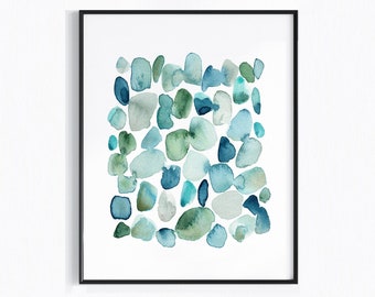 Sea Glass Abstract Art Print, Modern Coastal Wall Art, Blue Green Beach House Decor, Ocean Abstract Watercolor Stones Painting, Seaside Art
