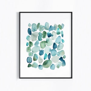 Sea Glass Abstract Art Print, Modern Coastal Wall Art, Blue Green Beach House Decor, Ocean Abstract Watercolor Stones Painting, Seaside Art