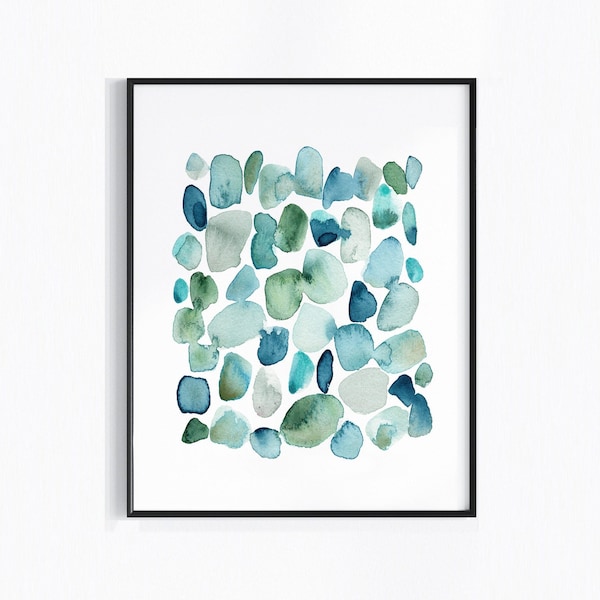 Sea Glass Abstract Art Print, Modern Coastal Wall Art, Blue Green Beach House Decor, Ocean Abstract Watercolor Stones Painting, Seaside Art