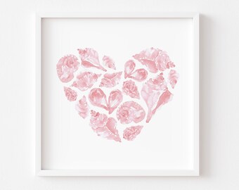 Blush Seashells Art Print, Modern Pink Coastal Wall Art, Personalized Ocean Nursery, Watercolor Beach Girl's Room, Neutral Nautical Decor