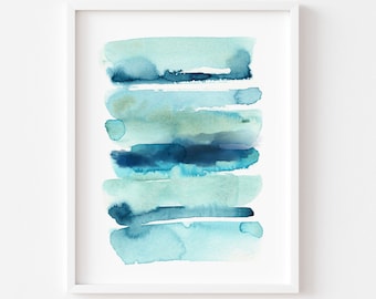 Ocean Abstract Watercolor Print, Blue Brushstroke Coastal Wall Art, Sea Glass Painting, Navy Lake House Wall Art, Seascape Beach House Decor