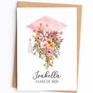 Pink Graduation Card, Watercolor Floral Grad Cap, Colorful Flower Congratulations Card for New Grad 2026, Personalized Grad Gift for Her