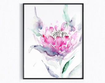 Watercolor Protea Art Print,  South Africa Flower Art, Botanical Print, Blush Pink Protea Painting, Australia Flower, Floral Abstract Art