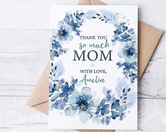 Personalized Mother's Day Card, Blue Watercolor Chinoiserie Flower Wreath, Vintage Floral Thank You Mom, Custom Name Handmade Mother's Day