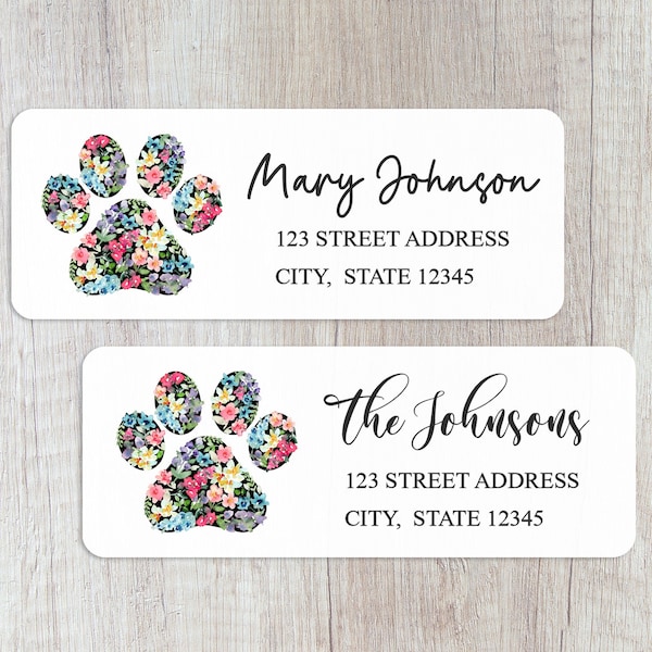 Dog Paw Return Address Labels, Personalized Puppy Envelope Stickers, Custom Watercolor Floral Cat Lover Labels, Colorful Pet Sitter Seals