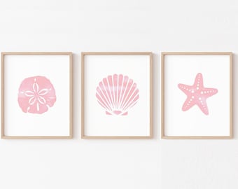 Vivero costero rosa IMPRIMIBLE, Blush acuarela Seashell Girls Wall Art, Starfish Sand Dollar Kids Decor, Digital Boho Minimalist Beach Set