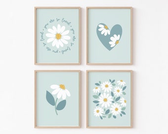 Mint Daisy Nursery Set of 4 PRINTABLE, Boho Floral Heart Girl's Room Prints, Aqua Retro Flower Decor, You Are So Loved Scandi Daisy Wall Art