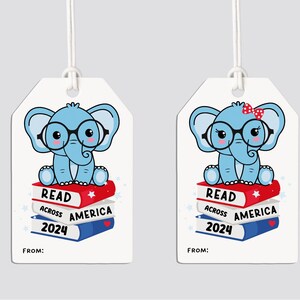 Lesen in Across America 2024 Geschenkanhänger zum Selberdrucken, Blaue Elefanten Etiketten, süße Lehrer Anhänger für Kinder Leckerli Tasche, digitales Buch Bevorzugungen Bildung DIY