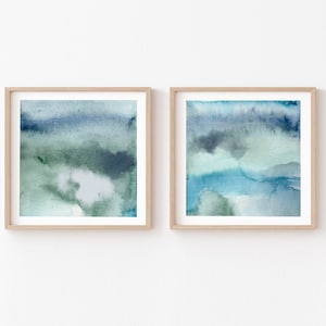 Abstract Landscape Wall Art, Navy Blue Sage Watercolor Abstract Print Set of 2, Green Indigo Beach Home Decor, Neutral Coastal Painting Pair