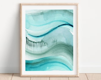 Watercolor Waves Abstract Art Print, Calming Ocean Abstract Art, Teal Green Coastal Wall Art, Modern Minimalist Turquoise Beach House Decor