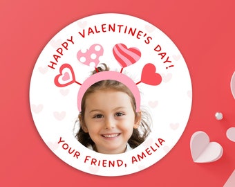 Personalized Valentine's Day Stickers, Custom Photo Labels for Treat Bag, Pink Hearts School Sticker Tags, Cute Valentine Favors for Girls