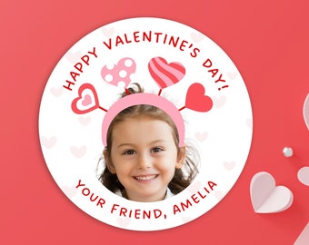 Personalized Valentine's Day Stickers, Custom Photo Labels for Treat Bag, Pink Hearts School Sticker Tags, Cute Valentine Favors for Girls
