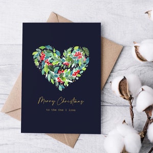 5x7 Christmas Card for Boyfriend, &quot;Merry Christmas to the One I love&quot;, Romantic Card, Watercolor Heart, Free Gift Tag