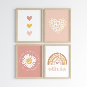 Boho Daisy Nursery Set of 4 PRINTABLE, Personalized Rainbow Kids Room, Girl Custom Name Retro Floral Decor, Digital Neutral Scandi Wall Art