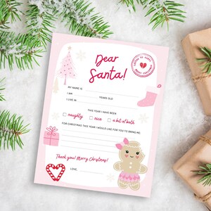 Lieber Santa Brief, Frohe Weihnachten Kinder DIY, Mädchen Weihnachtswunschliste, Rosa Brief an Santa, Frohe Feiertage, nettes Lebkuchen Mädchen