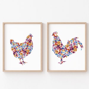 Chicken Rooster Art Print Set, Modern Farmhouse Kitchen Wall Art, Watercolor Floral Hen Silhouette Print, Southern Living Fall Home Decor