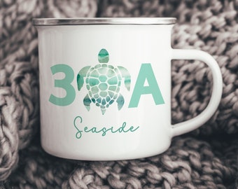 30A Florida Enamel Camping Mug, Watercolor Sea Turtle Tin Mug with Stainless Steel Rim, Grayton Beach House Coffee Cup, Destin Souvenir Gift