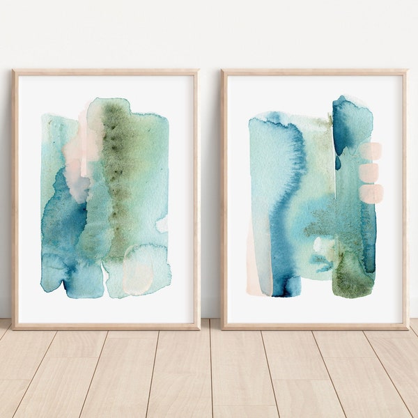 Blue Abstract Art Print Set, Minimalist Modern Ocean Wall Art, Blush Watercolor Beach House Decor, Sage Green Coastal Brushstroke Painting