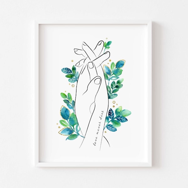 Regalo de duelo único, regalo personalizado para viuda, impresión artística conmemorativa Love Never Dies, te extraño esposo, regalo de duelo, impresión artística de línea de manos