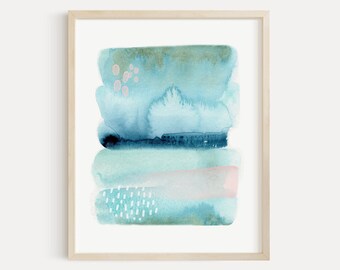 Coastal Abstract Wall Art, Watercolor Ocean Abstract Painting, Blue Green Seascape Beach House Decor, Modern Calm Navy Turquoise Art Print