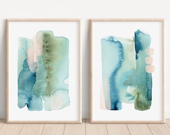 Blue Abstract Art Print Set, Minimalist Modern Ocean Wall Art, Blush Watercolor Beach House Decor, Sage Green Coastal Brushstroke Painting