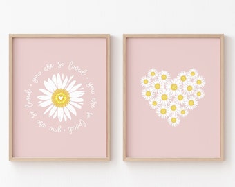 Pink Daisy Nursery PRINTABLE, You Are So Loved Modern Daisy Decor, Pastel Flower Heart Wall Art, Digital Minimalist Floral Scandi Kids Room
