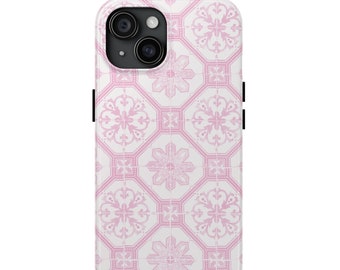 Soft Pink Phone Case, Trendy Greek Tile Mosaic Pattern, Mediterranean Botanical Phone Cover, Blush Pink Girly Gift, iPhone 15, iPhone 14, 13