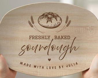 Personalized Sourdough Bread Platter, Custom Name Sourdough Serving Tray, Gift for Bread Bakers, Rustic Faux Wood Texture Kitchen Decor