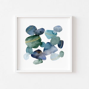 Watercolor Stones Abstract Art Print, Ocean Pebbles Wall Art, Modern Minimalist Green Gold Poster, Indigo Abstract Ocean Art, Coastal Decor