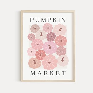 Arte de parede com abóboras rosa para imprimir, estampa neutra de mercado de abóboras de outono, decoração boho para o Dia de Ação de Graças, estilo rústico moderno minimalista, tons de malva e rosa outono.