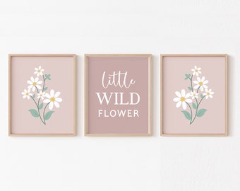 Mauve Daisy Nursery Wall Art, Little Wildflower Print Set of 3, Minimalist Dusty Pink Sage Decor, Boho Floral Scandi Kids Room PRINTABLE