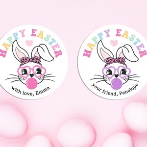 Personalized Easter Bunny Stickers, Retro Easter Labels for Treat Bags, Pink Purple Bubblegum Girl School Gift Tags, Cute Custom Name Favors