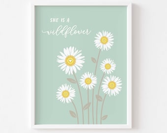 Boho Daisy Nursery Wall Art PRINTABLE, Ze is een Wildflower Girl's Room Poster, Sage Retro Flower Digital Print, Mint Gerber Daisy Home Decor