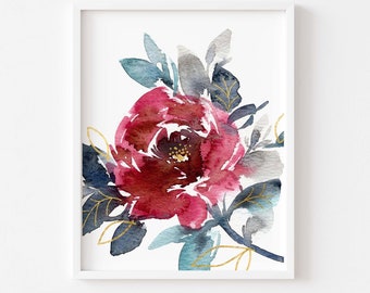 Burgundy Navy Watercolor Floral Art Print, Modern Abstract Peony Rose Wall Art, Rustic Botanical Decor, Romantic Maroon Gold Flower Painting